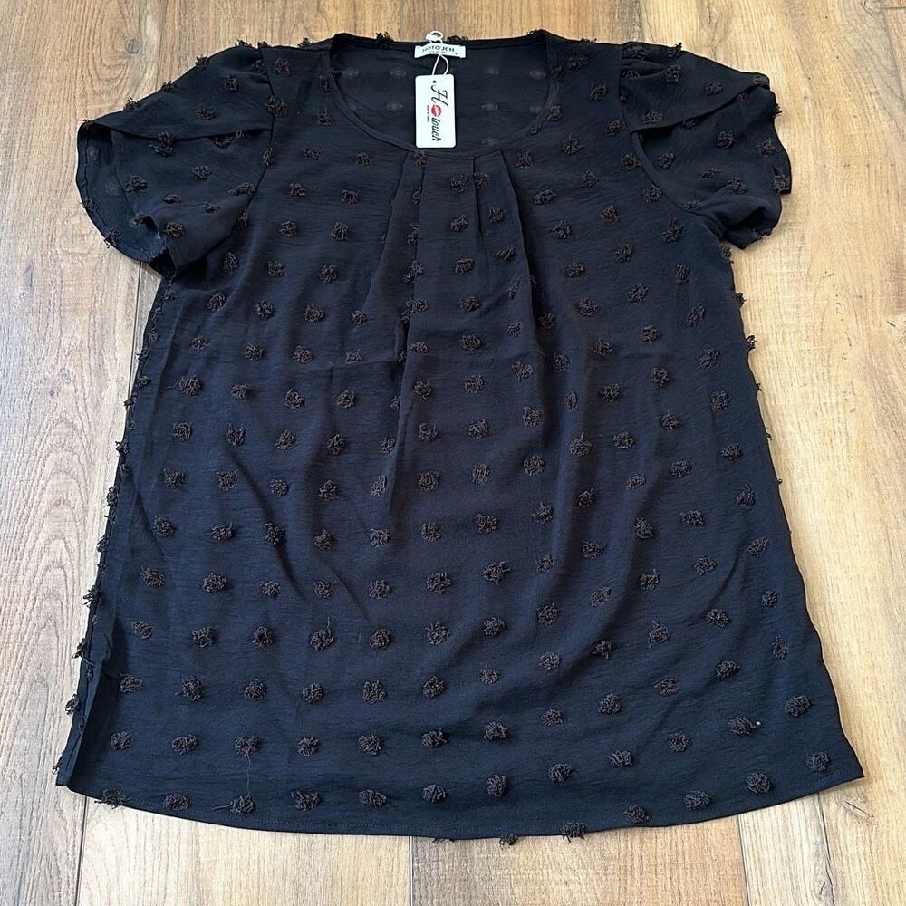 NWT Hotouch Blouse Womens Small Black Swiss Dot Work Office Tulip Sleeve Blouse